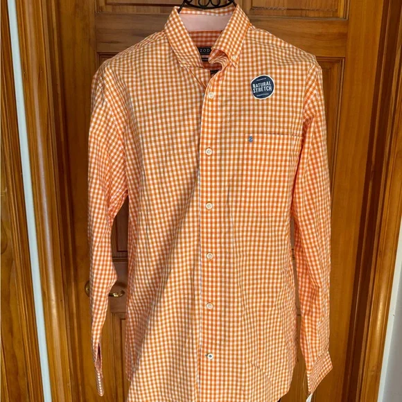 orange and white checkered dress shirt Men's Performance Orange Dress Shirt (Best Stretch Button Down) Extra Trim / 15 / s-m / 34-35